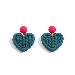 Teal Braded Heart Polymer Clay Earrings